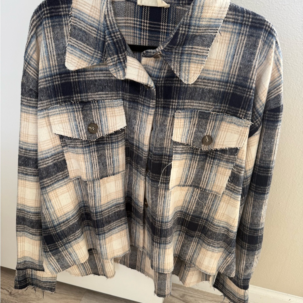 Plaid Button-Front Shirt Jacket - Blue and Cream